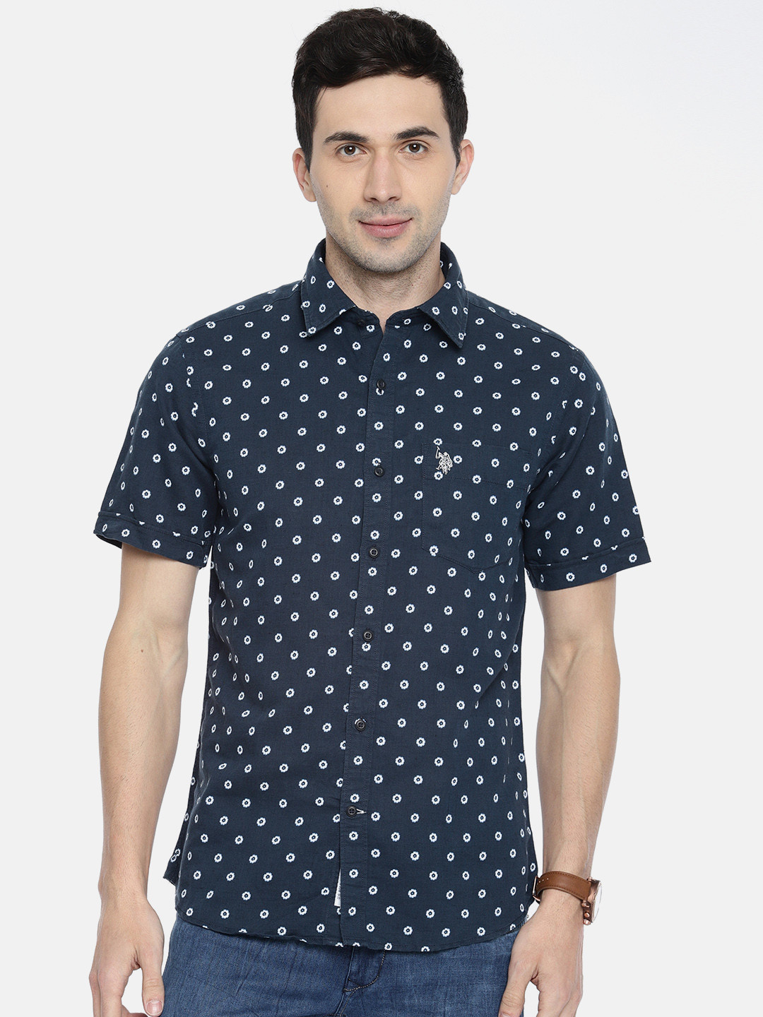 

U.S. Polo Assn. Men Navy Blue & White Tailored Fit Printed Casual Shirt