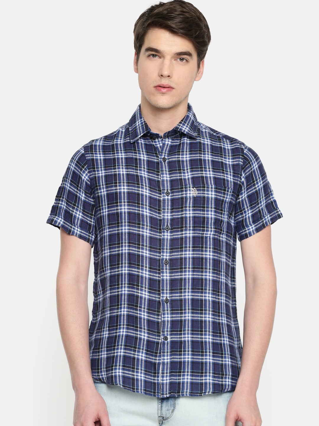 

U.S. Polo Assn. Men Navy Blue Tailored Fit Checked Casual Linen Shirt