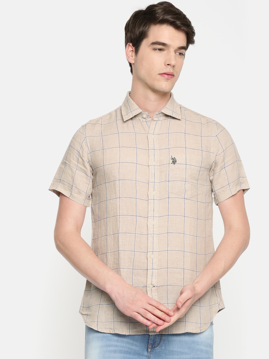 

U.S. Polo Assn. Men Beige Tailored Fit Checked Casual Shirt