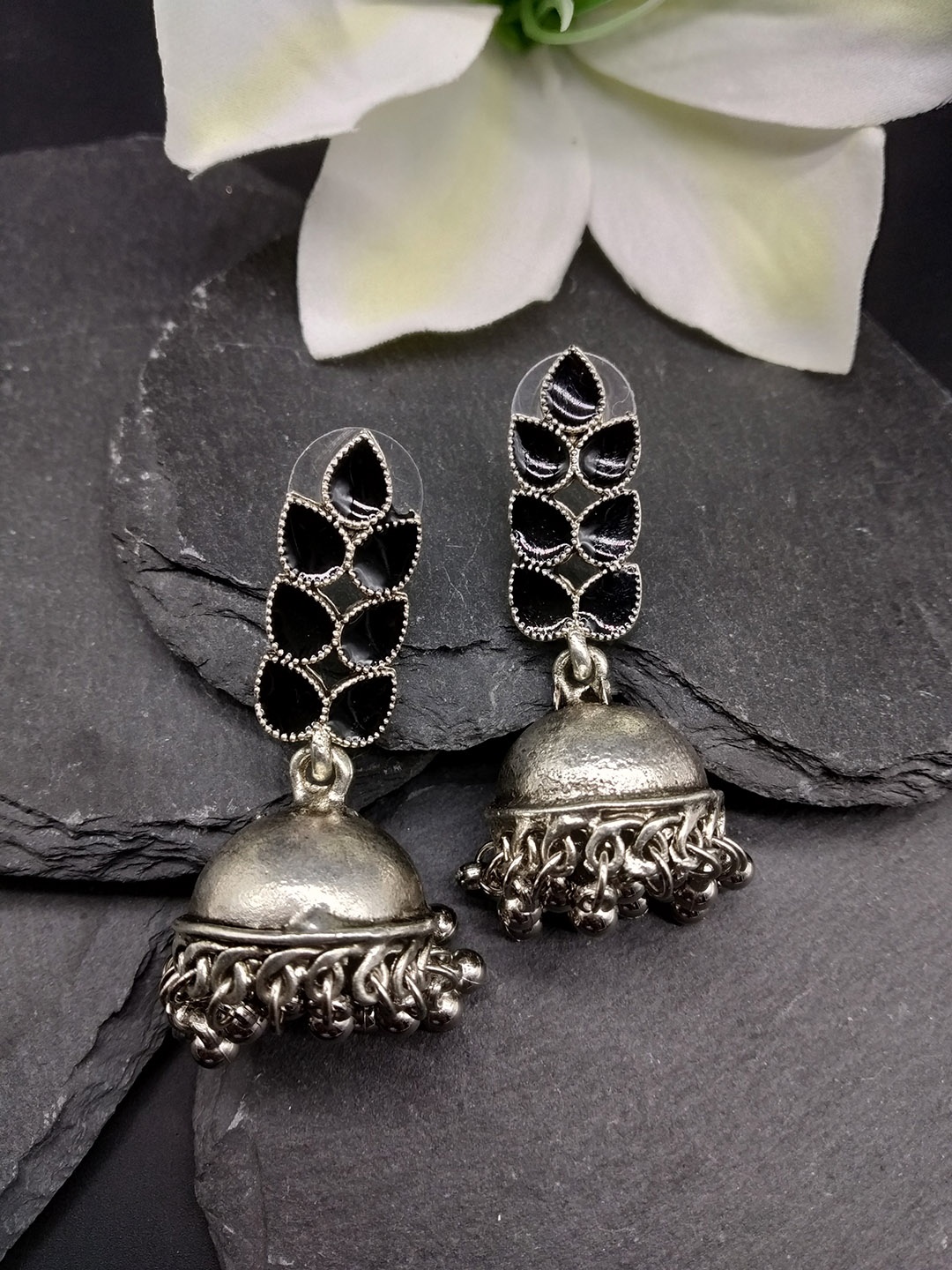 

Fida Silver-Toned & Black Dome Shaped Jhumkas