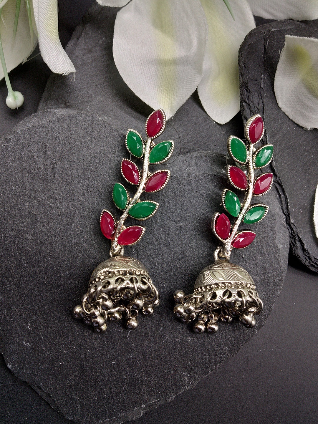 

Fida Silver-Toned & Red Dome Shaped Jhumkas