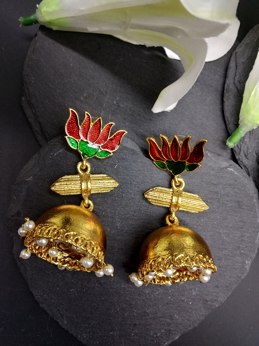

Fida Gold-Toned & Red Precious Padma Classic Jhumkas