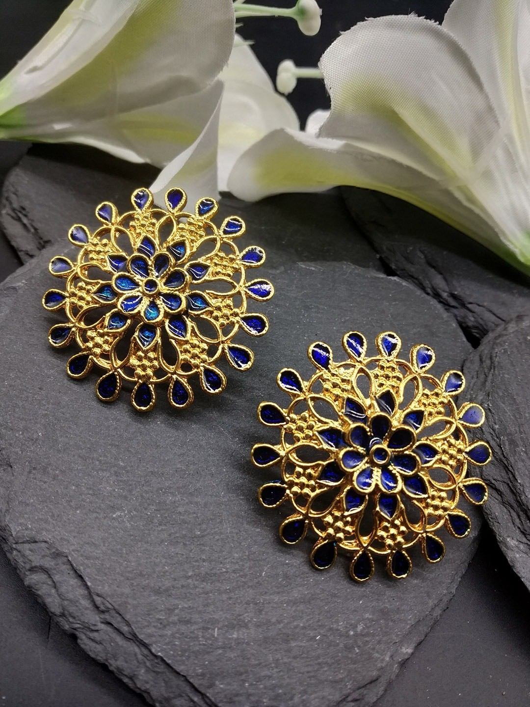

Fida Gold-Toned & Navy Blue Oversized Circular Studs