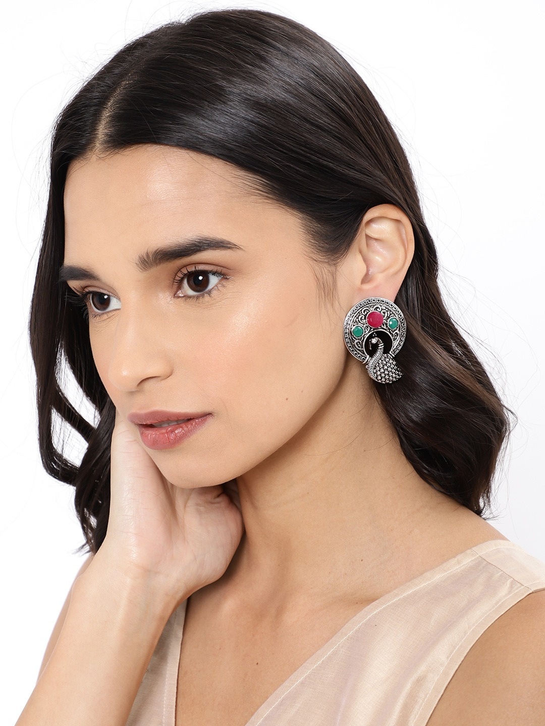 

Fida Silver-Toned & Pink Oxidised Circular Studs