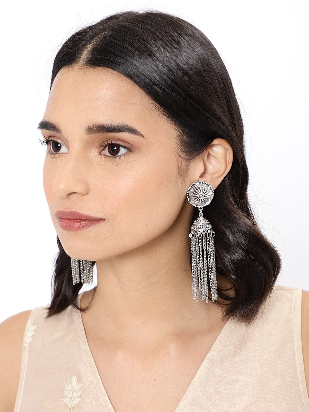 

Fida Oxidised Silver-Toned Dome Shaped Drop Earrings