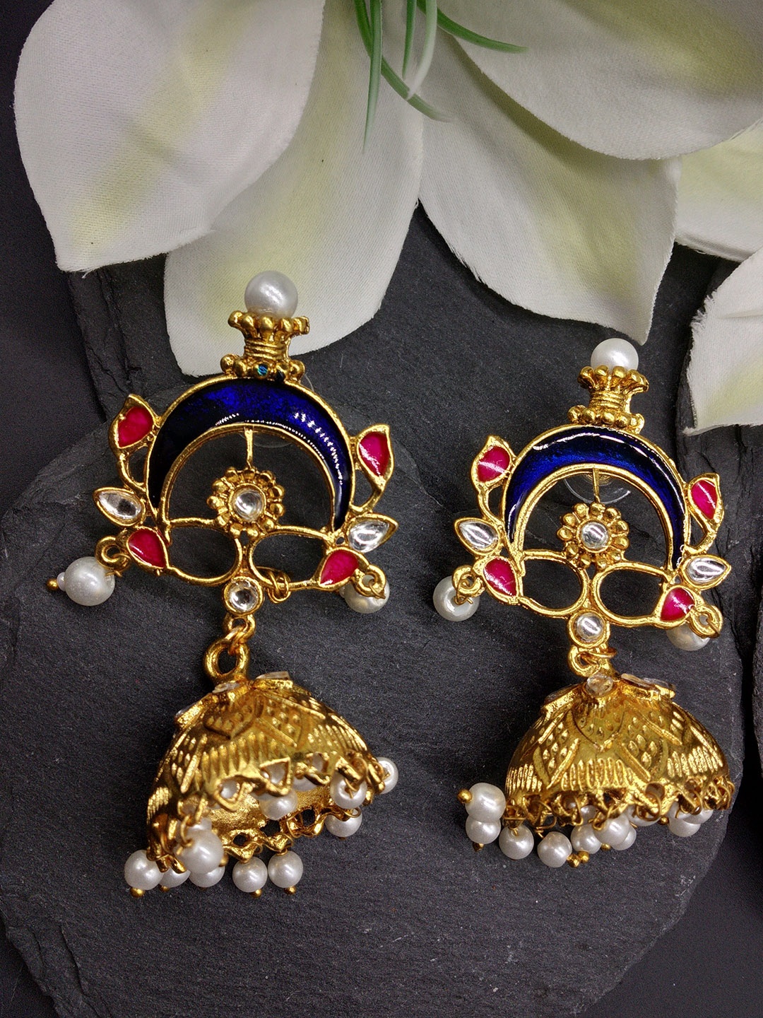 

Fida Gold-Toned & Blue Dome Shaped Jhumkas