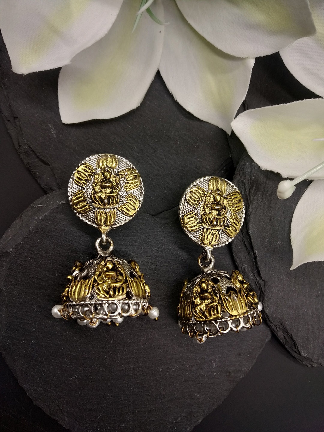 

Fida Silver-Toned & Gold-Toned Laxmi Kamla Dome Shaped Jhumkas