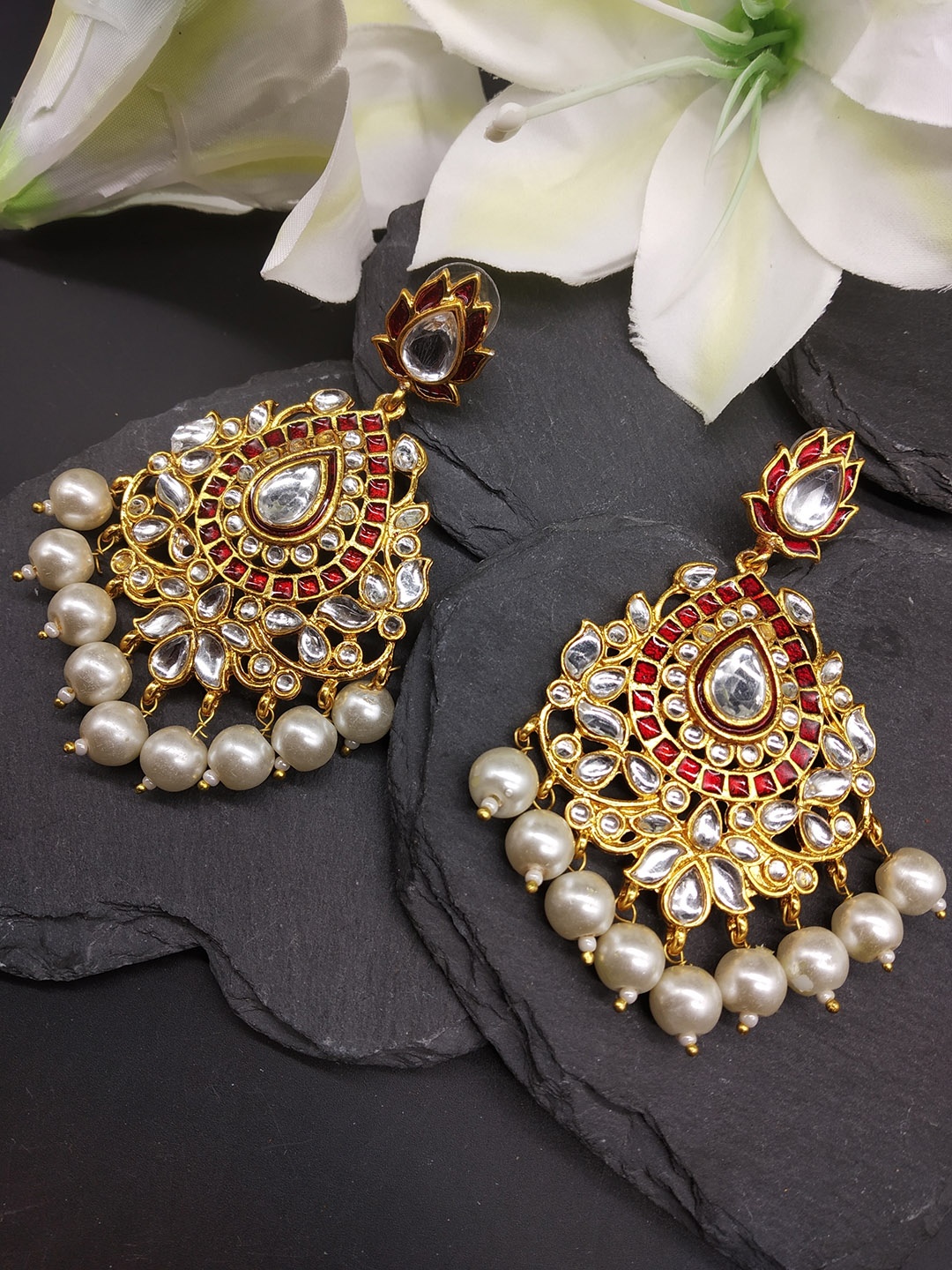 

Fida Gold-Toned & Red Contemporary Drop Earrings