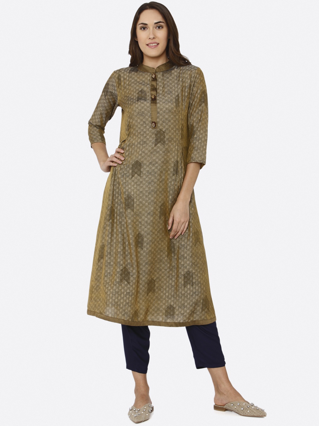 

shiloh Women Olive Green Printed Kurta with Trousers