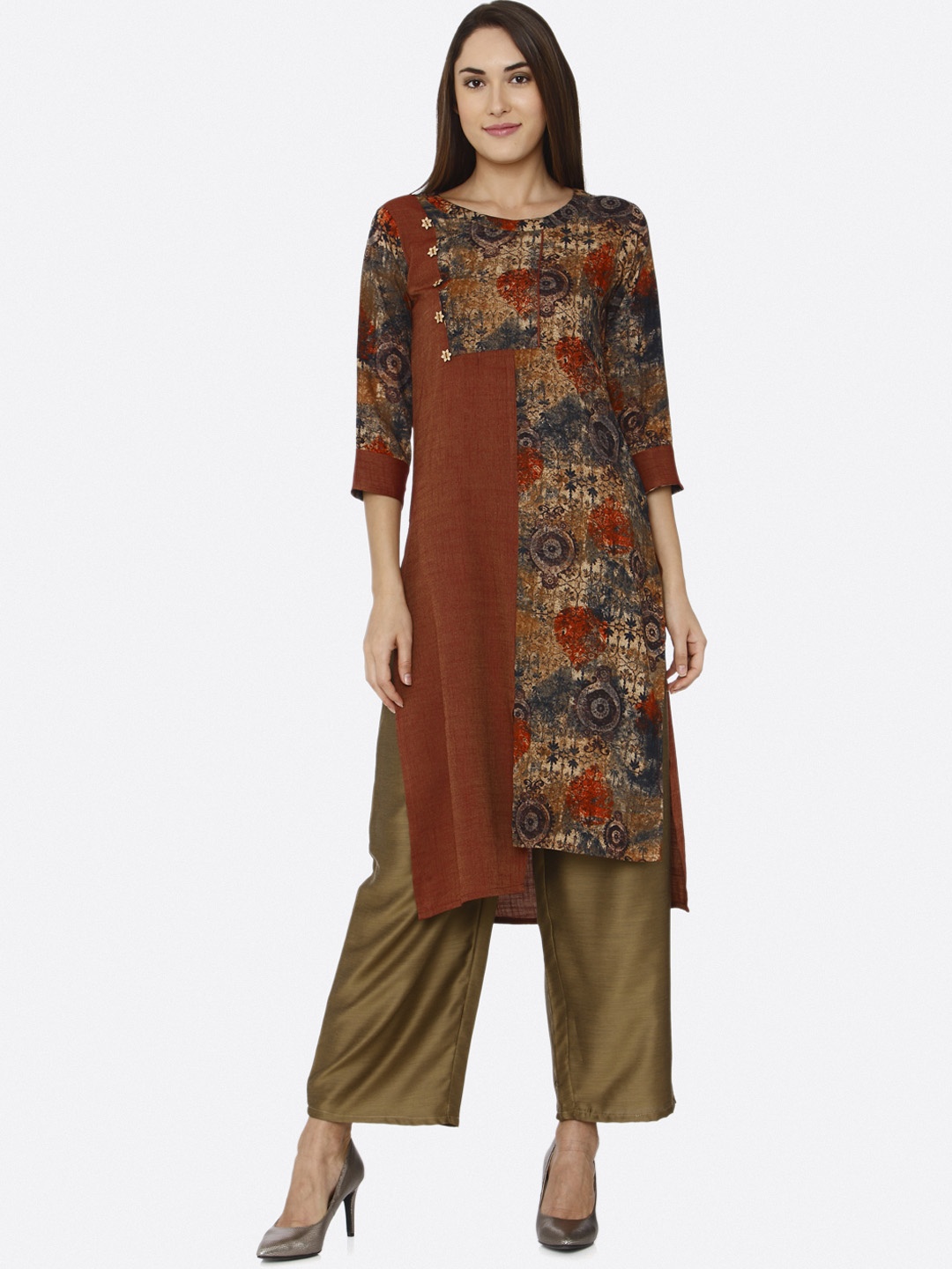 

shiloh Women Brown & Copper-Toned Printed Kurta with Palazzos