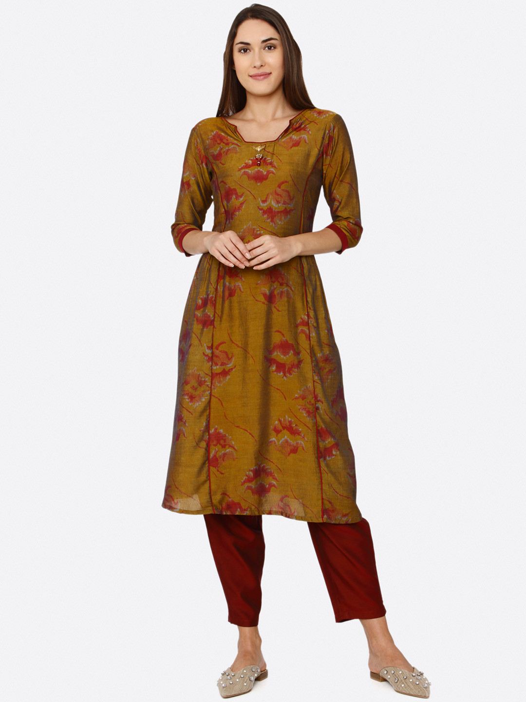 

shiloh Women Mustard Brown Printed Kurta with Trousers