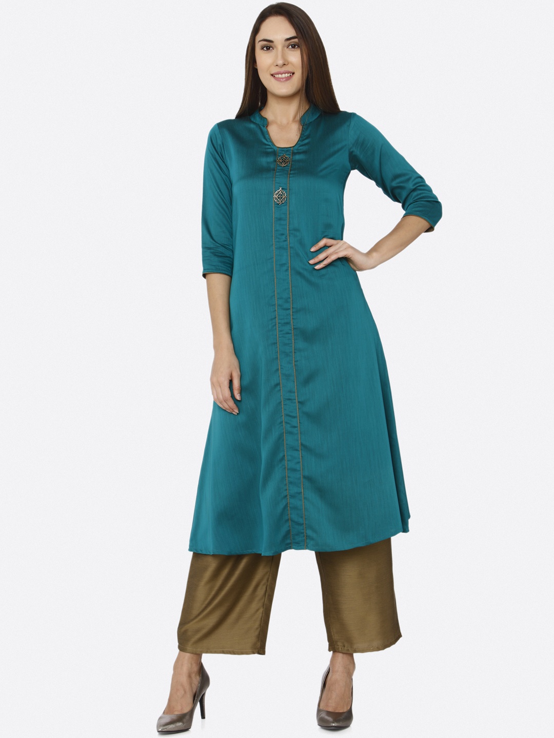 

shiloh Women Teal Green & Olive Brown Self Design Kurta with Palazzos