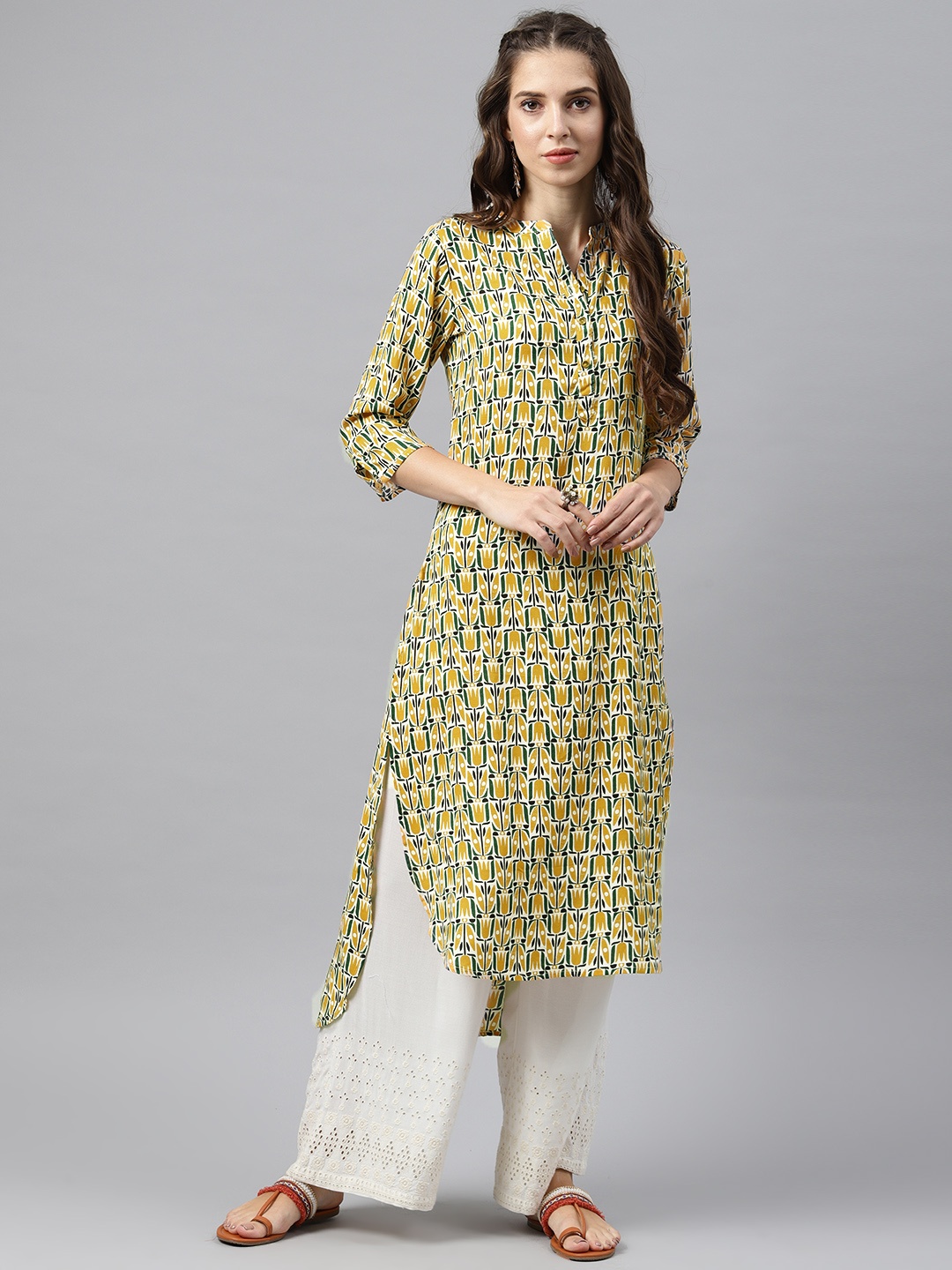 

Alena Women Mustard & Green Printed Straight Kurta