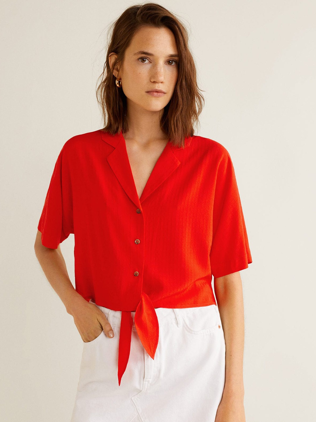 

MANGO Women Red Self-Design Cropped Casual Shirt