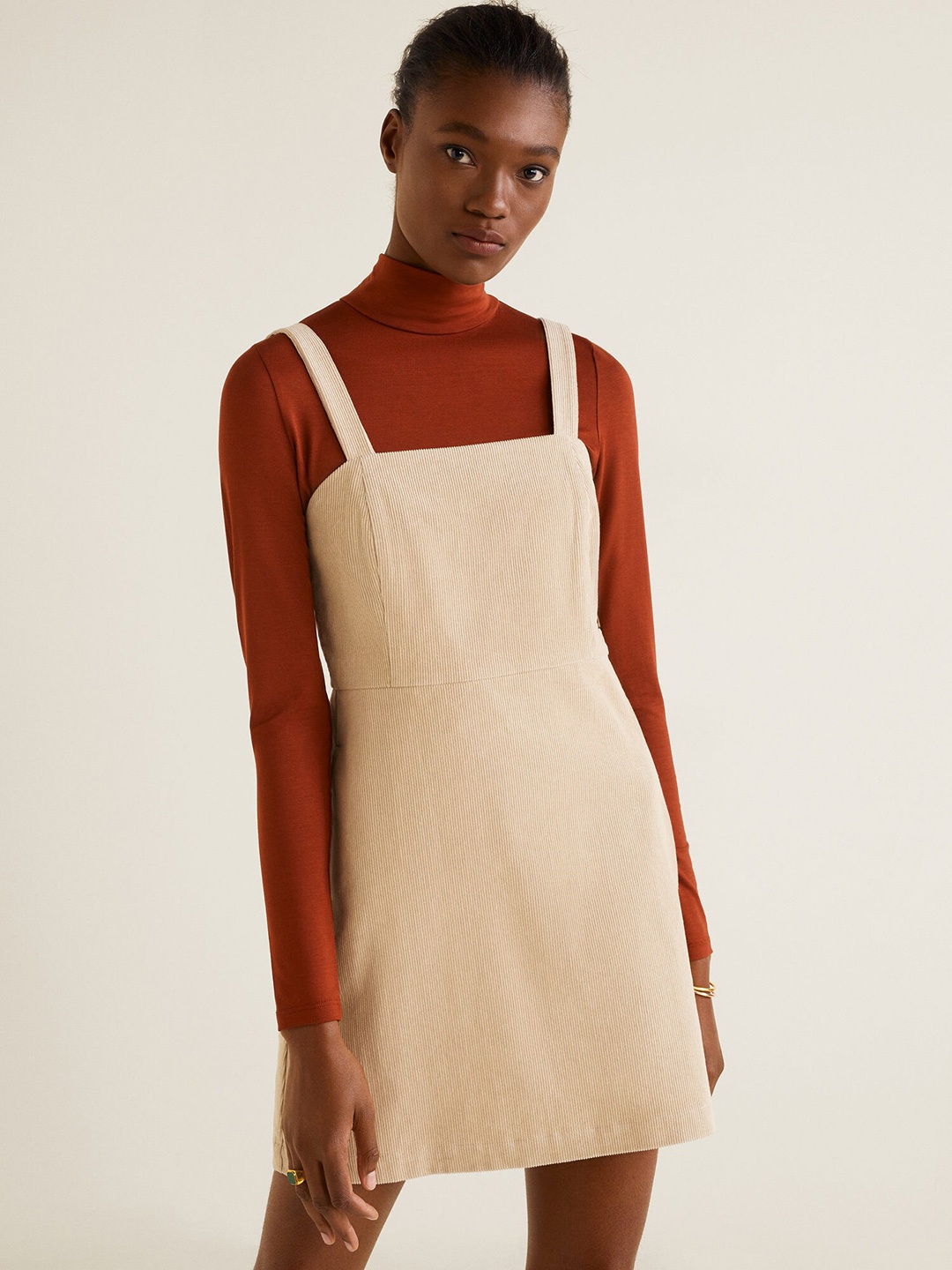 

MANGO Women Beige Corduroy Solid Pinafore Dress