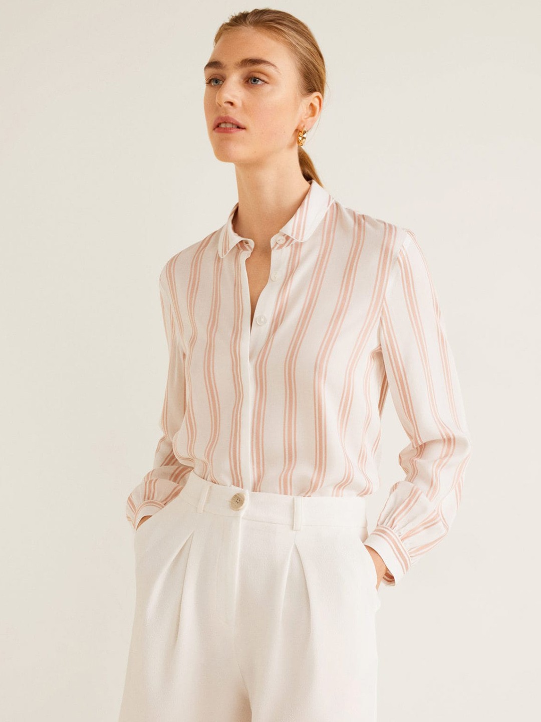 

MANGO Women White & Peach-Coloured Regular Fit Striped Casual Shirt
