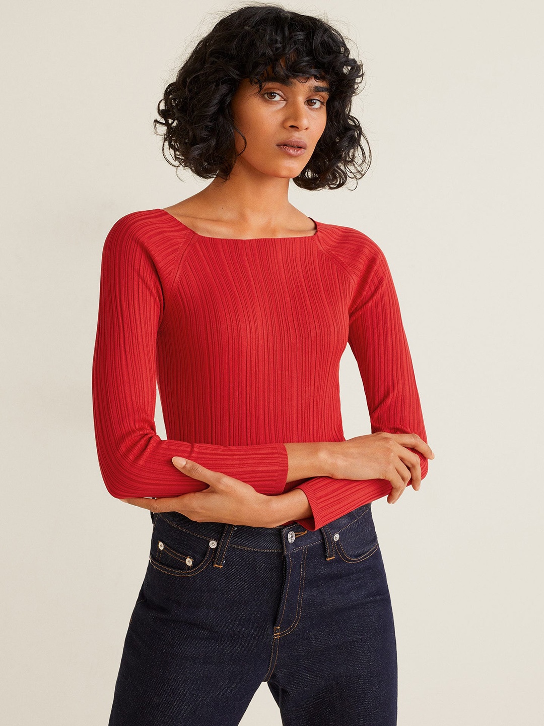 

MANGO Women Red Ribbed Pullover