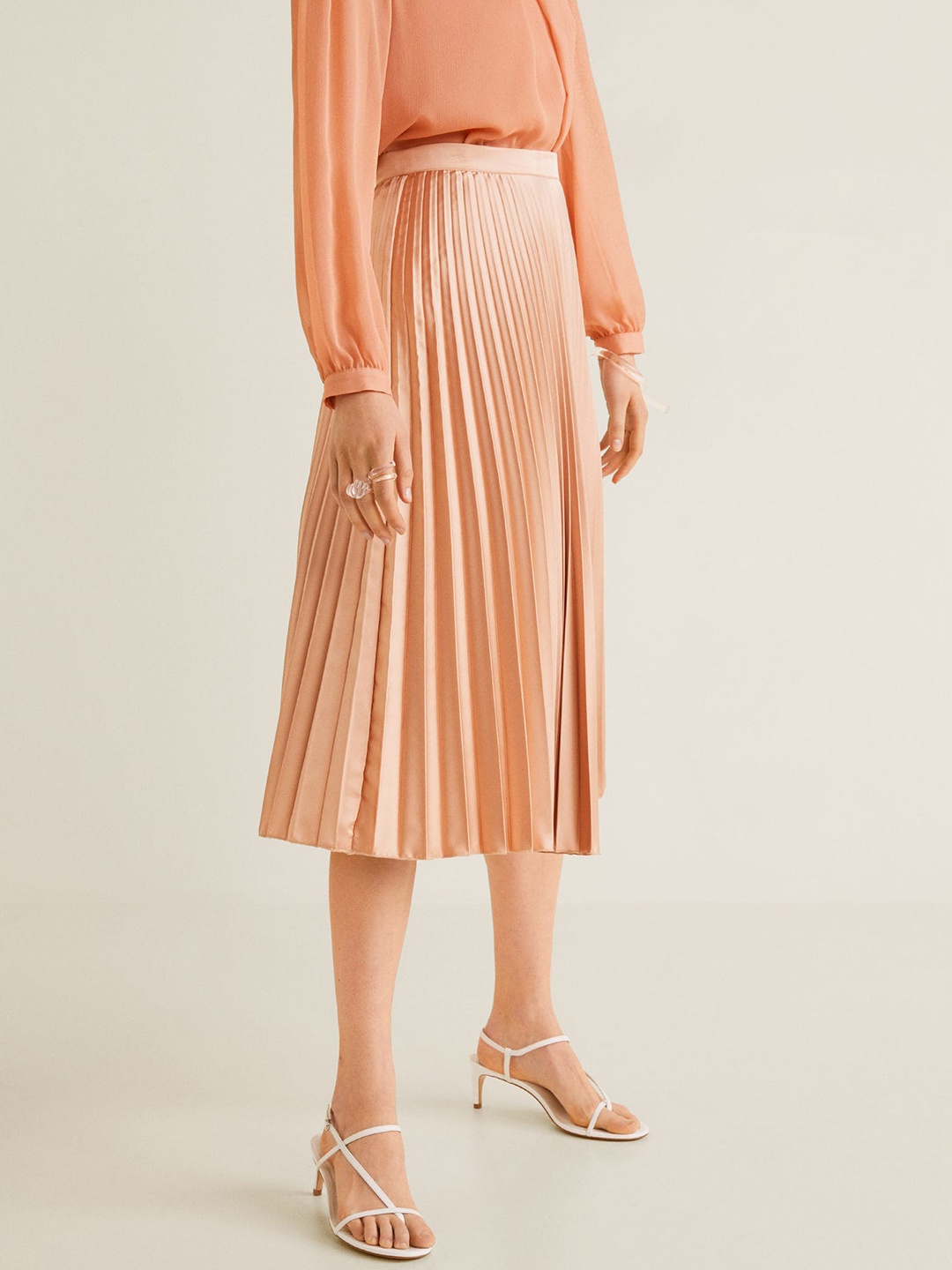 

MANGO Women Peach-Coloured Accordion Pleats Midi A-Line Skirt