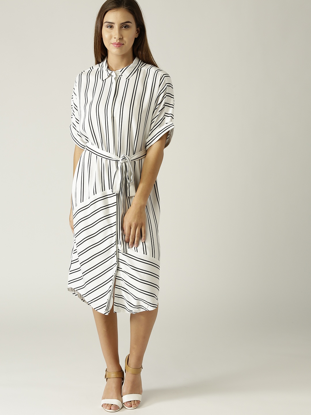 

MANGO Women White & Black Striped Shirt Dress