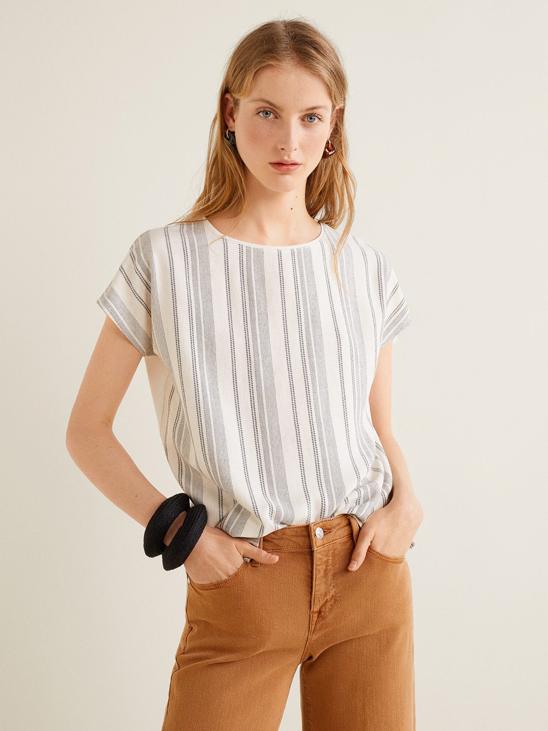 

MANGO Women Off-White & Black Self-Striped Top