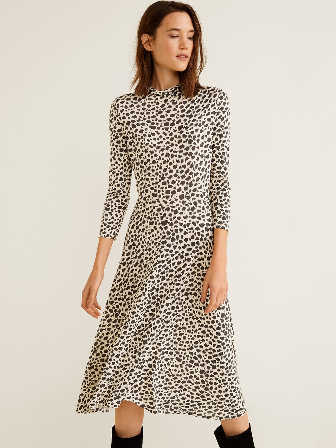 

MANGO Women Beige & Black Animal Print A-Line Dress