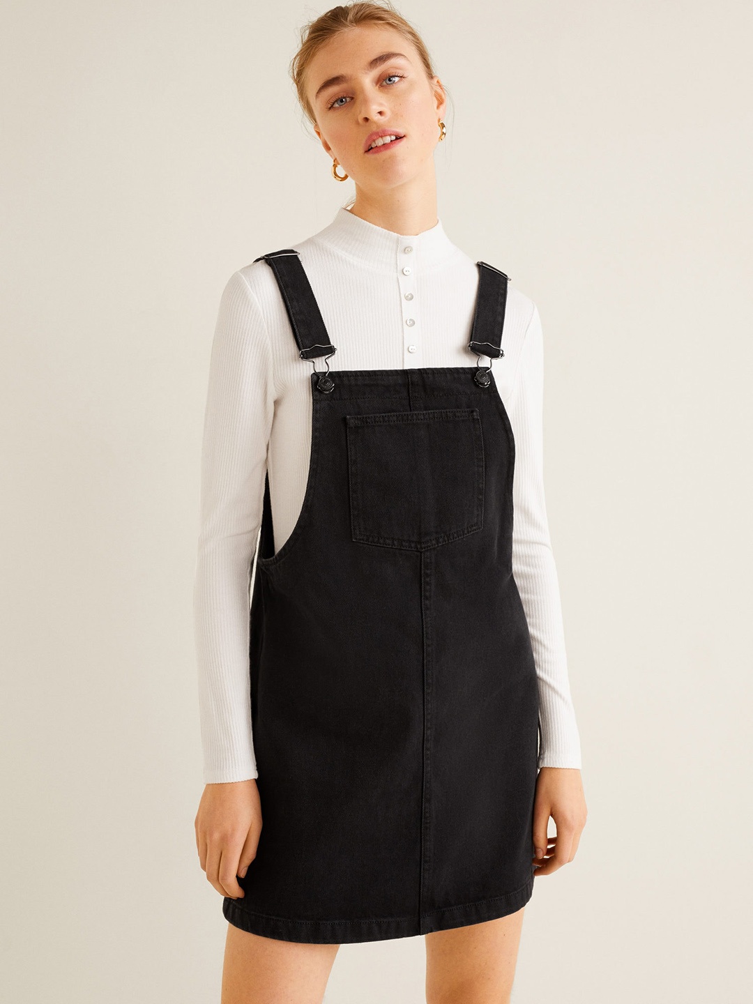 

MANGO Women Black Solid Denim Pinafore Dress