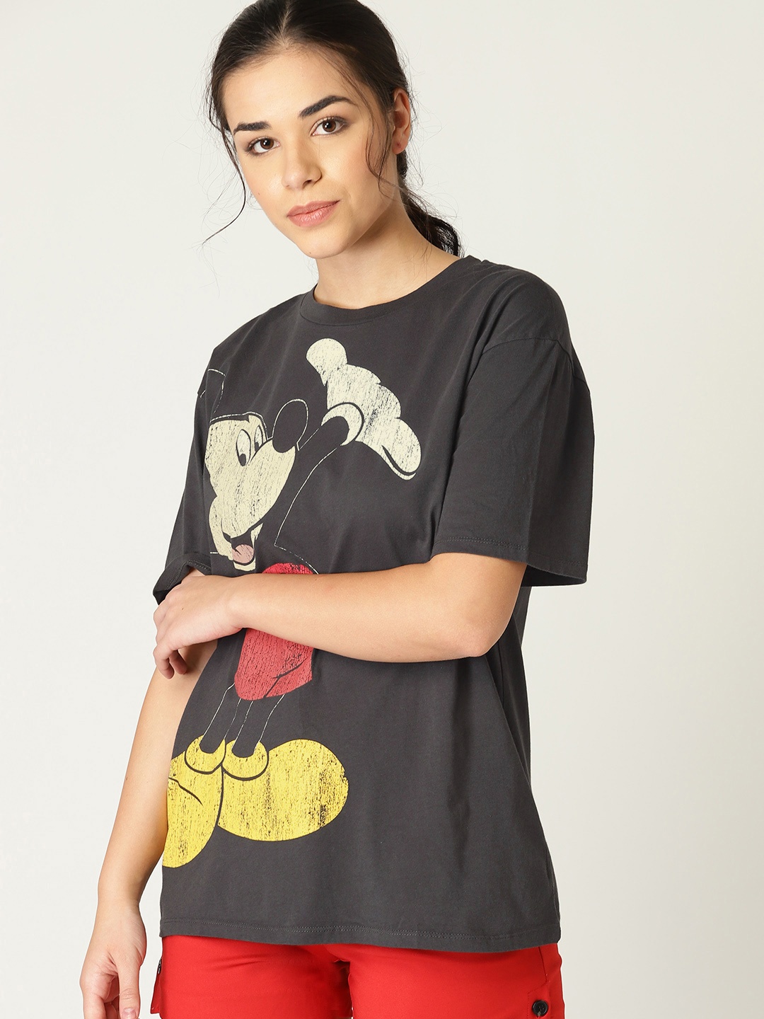 

MANGO Women Charcoal Grey Printed Round Neck T-shirt