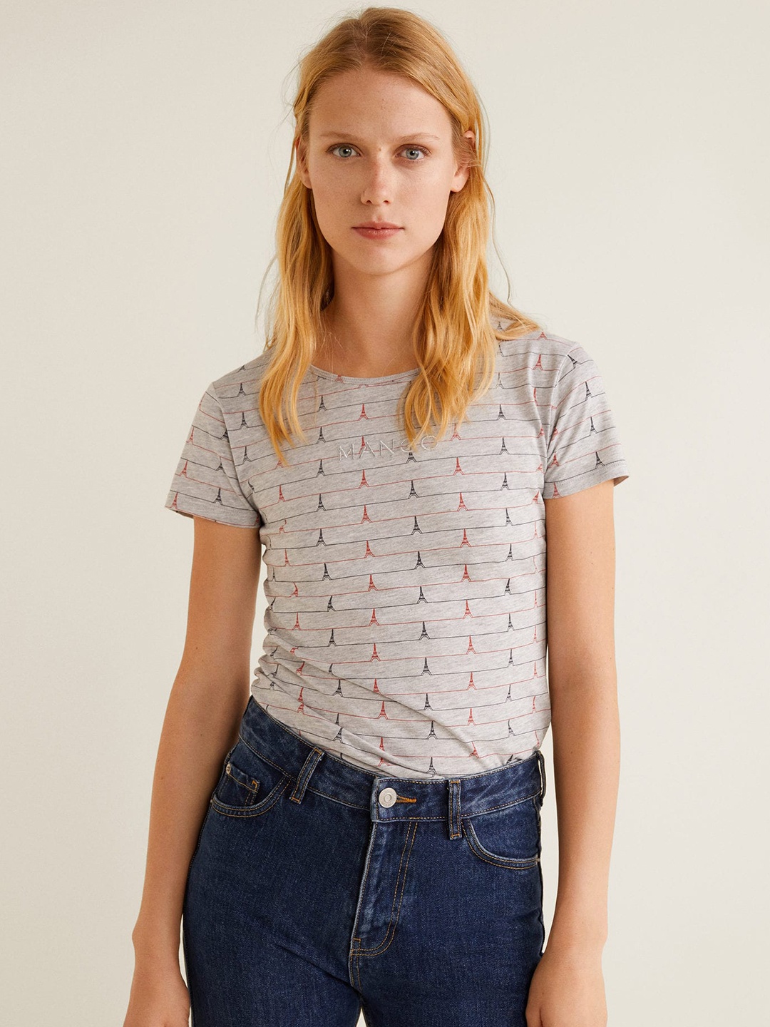 

MANGO Women Grey Melange Printed Round Neck T-shirt