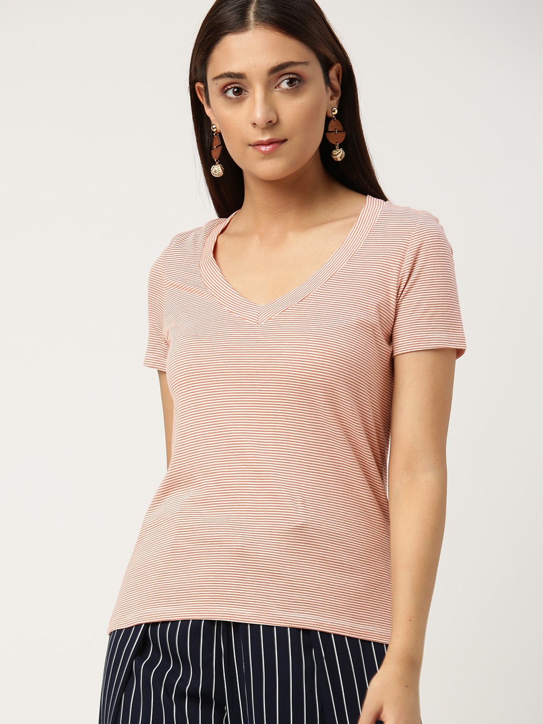 

MANGO Women Peach-Coloured White Striped V-Neck Organic Cotton T-shirt