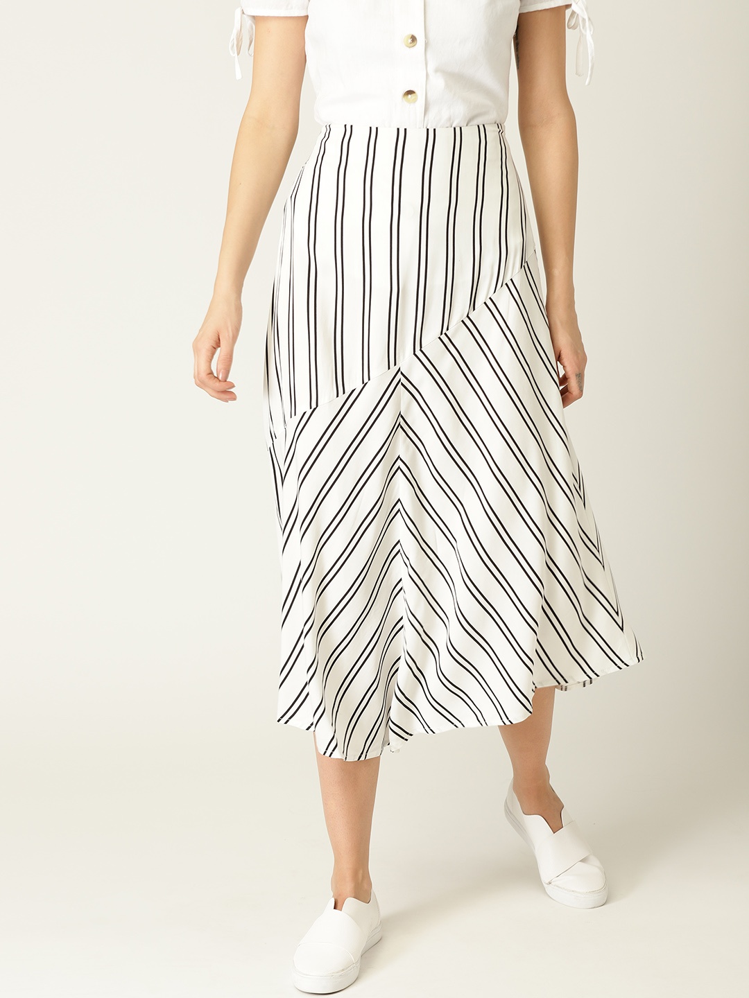 

MANGO Women White & Black Striped Midi A-Line Skirt