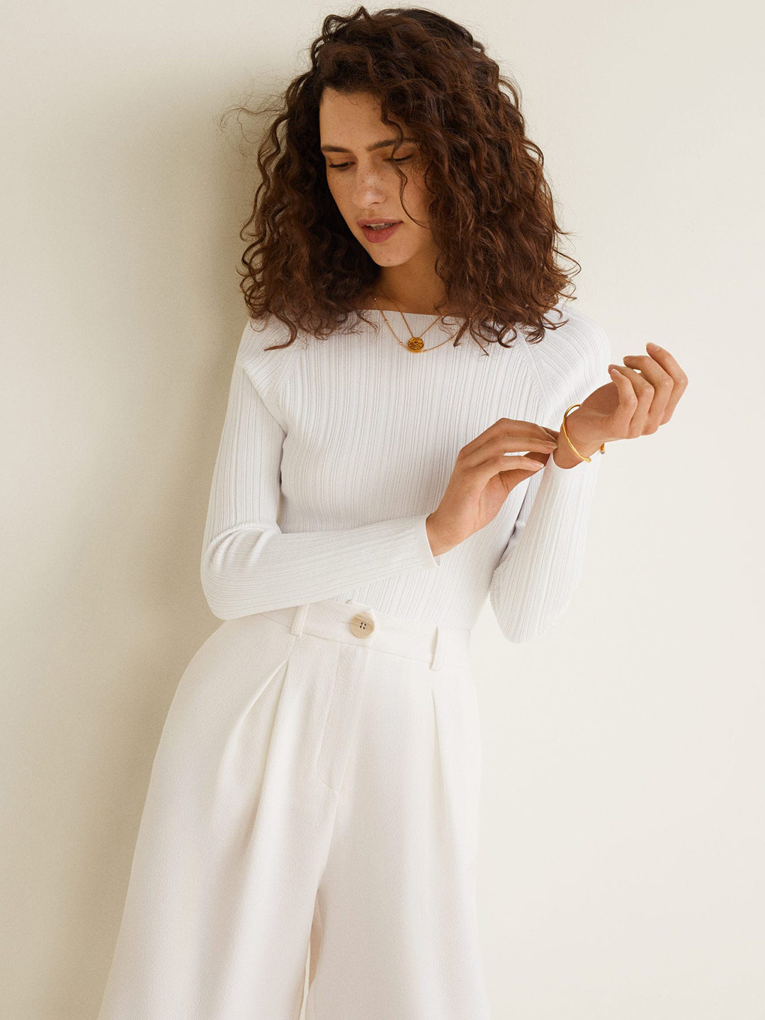 

MANGO Women White Ribbed Pullover