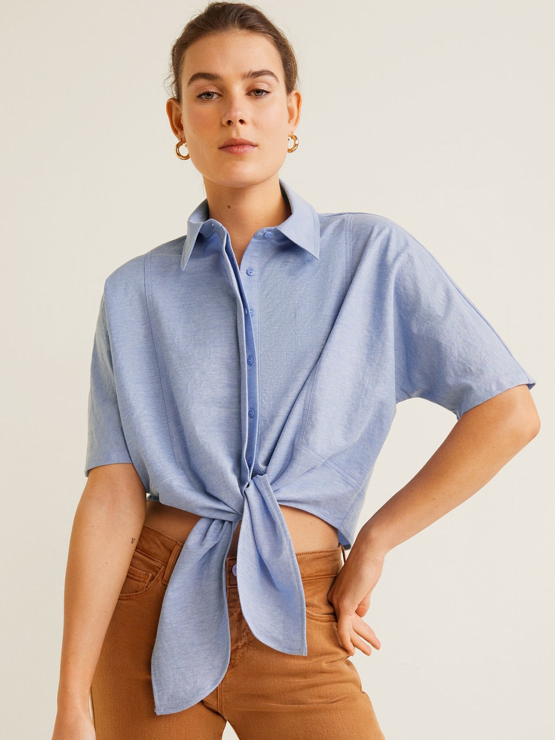 

MANGO Women Blue Solid Front Tie-Up Crop Casual Shirt