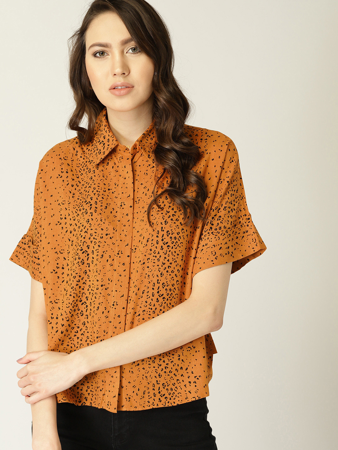 

MANGO Women Mustard Yellow Regular Fit Printed Casual Shirt