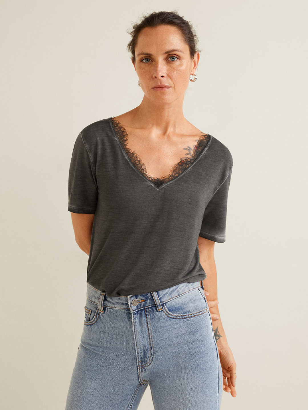 

MANGO Women Charcoal Grey Solid Top