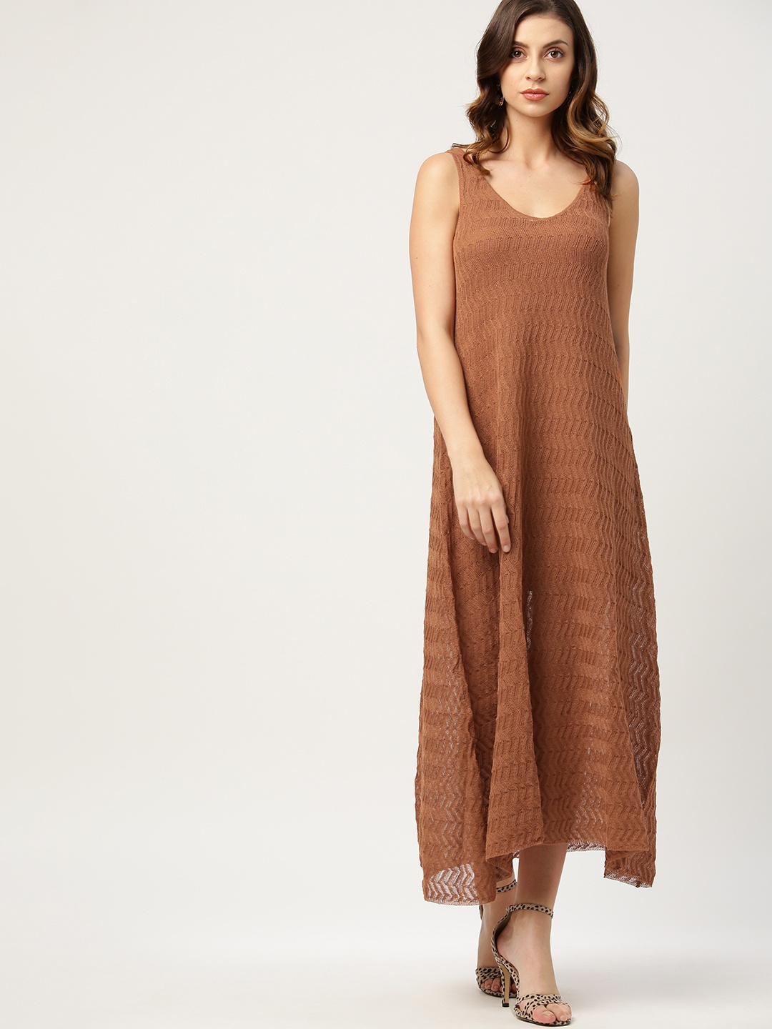 

MANGO Women Rust Brown Self Design Maxi Dress