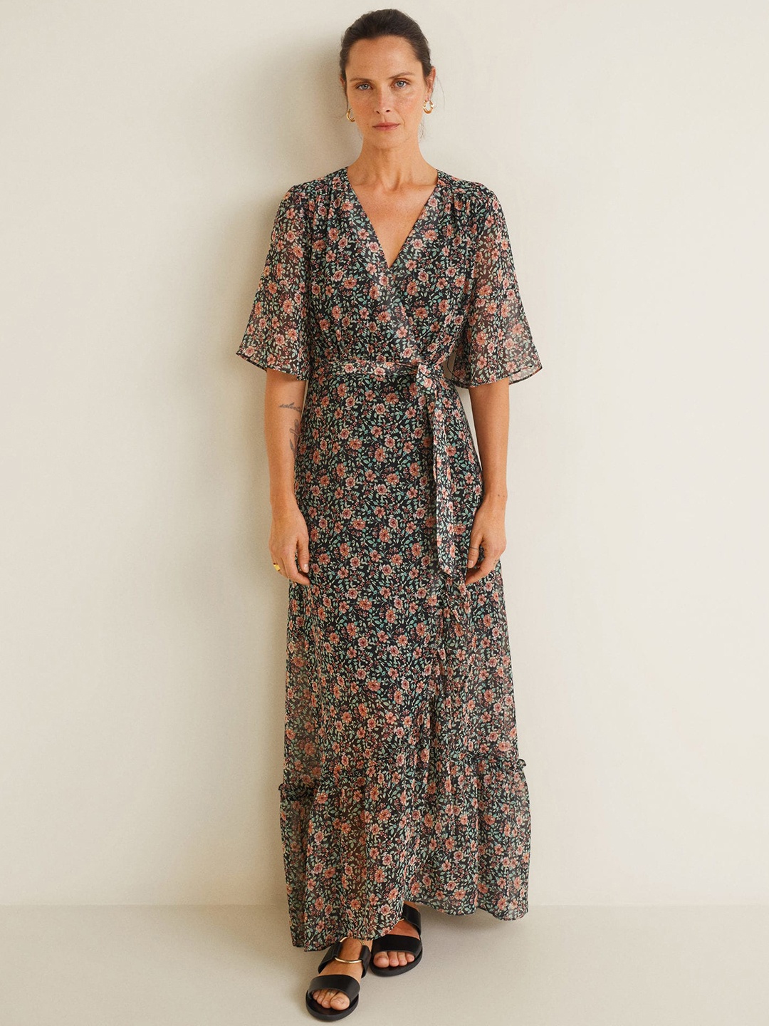 

MANGO Women Black & Green Printed Wrap Maxi Dress