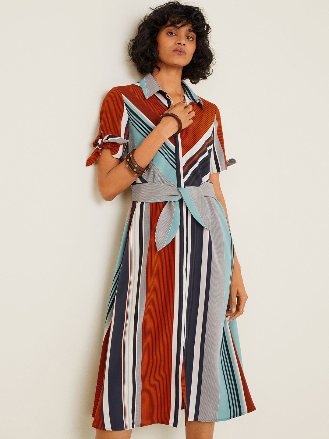 

MANGO Women Rust Brown & Navy Blue Striped Shirt Dress