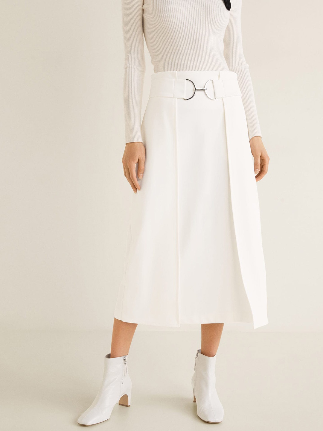

MANGO Women White Solid Layered Midi A-line Skirt