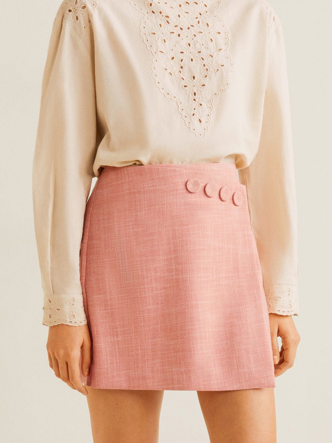 

MANGO Women Coral Pink Textured Layered Straight Mini Skirt