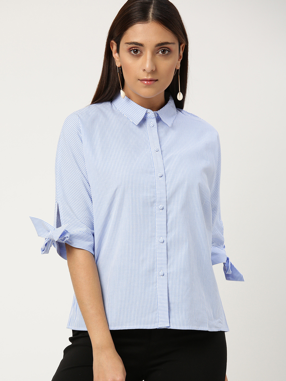 

MANGO Women Blue & White Regular Fit Striped Casual Shirt