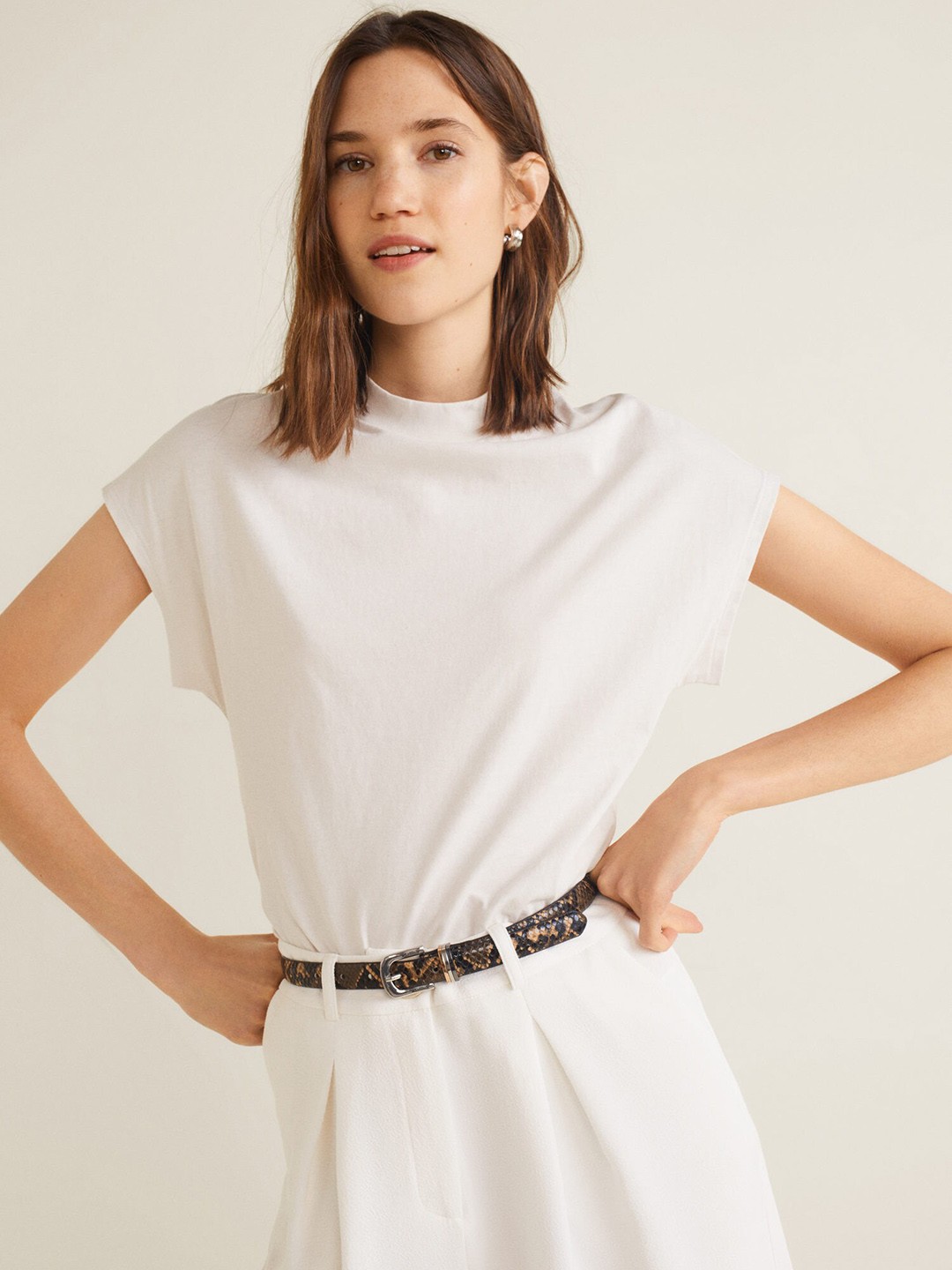 

MANGO Women Off-White Solid Round Neck T-shirt