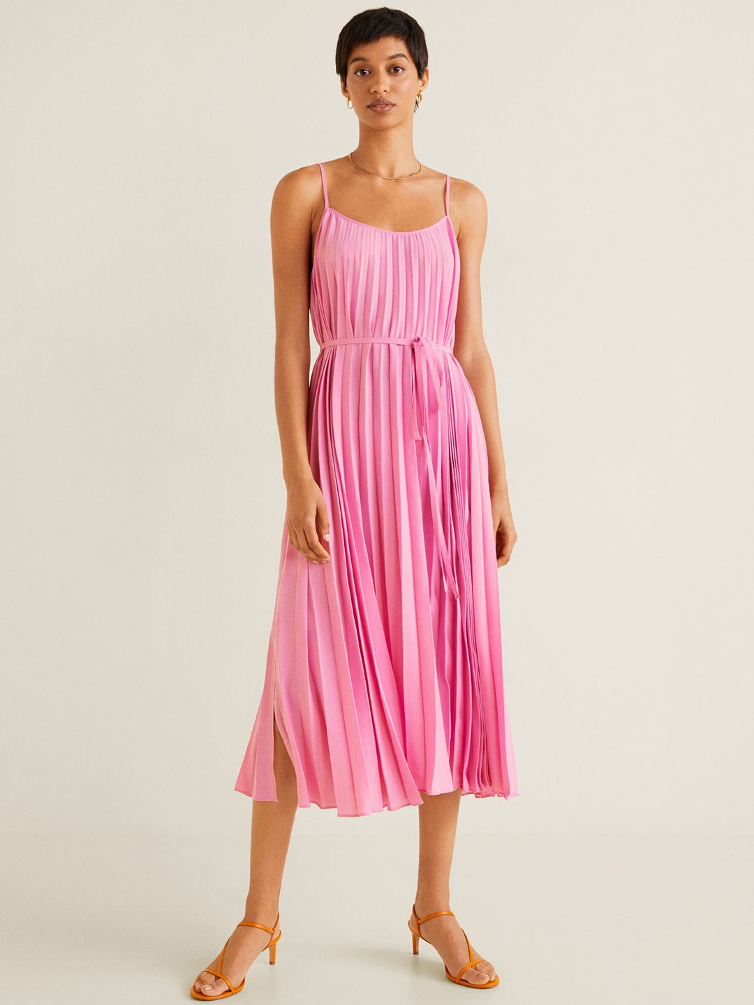 

MANGO Pink Solid Pleated Fit & Flare Midi Dress