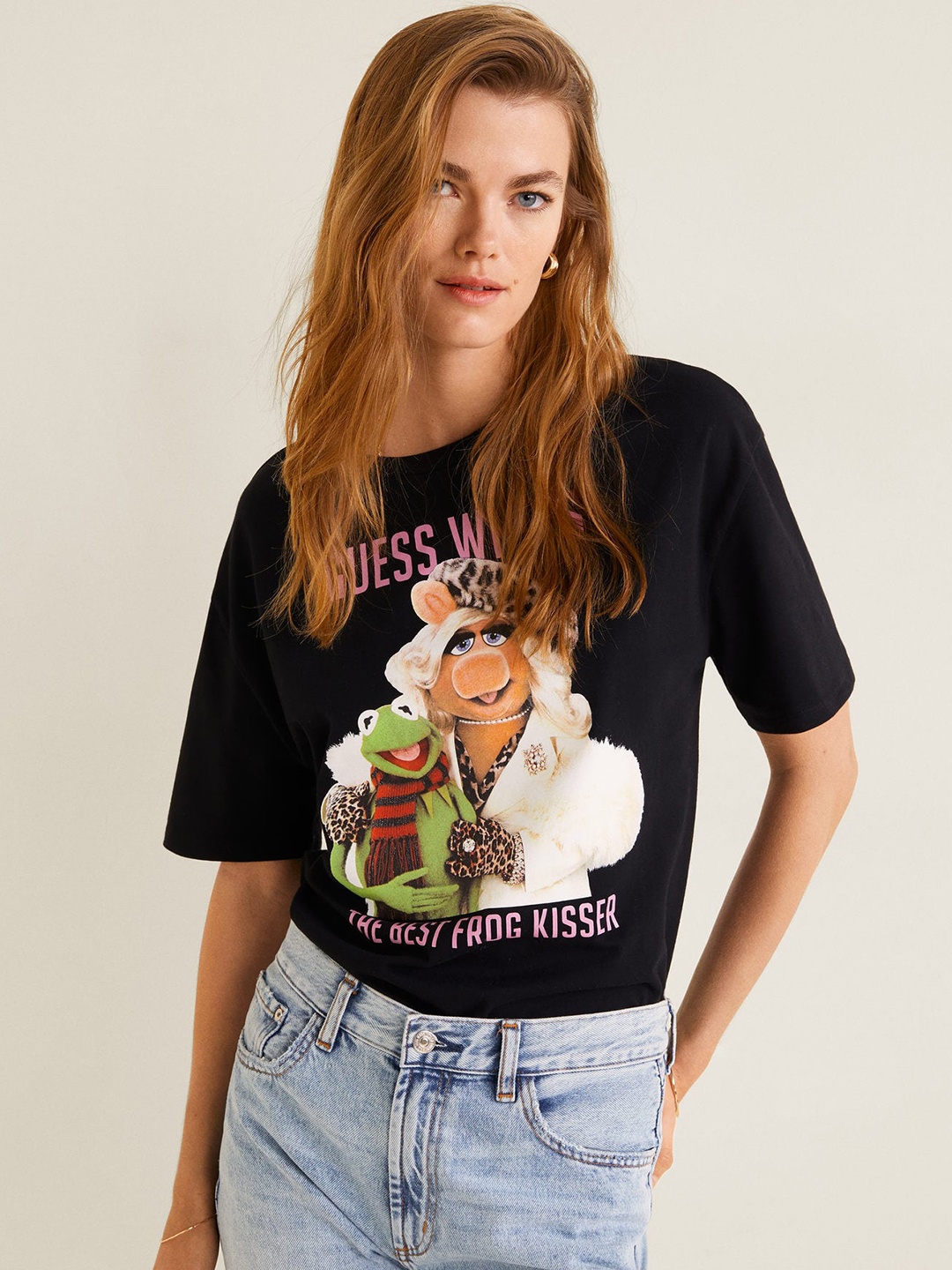 

MANGO Women Black Printed Round Neck Pure Cotton T-shirt
