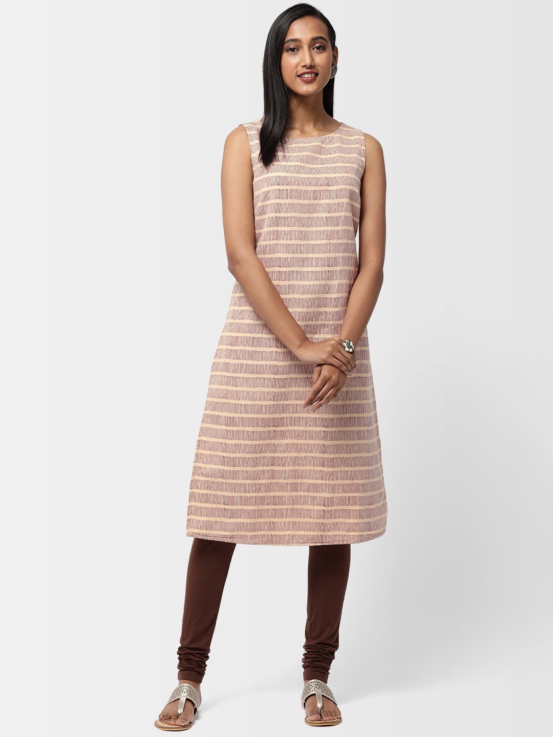

Fabindia Women Beige & Maroon Striped A-Line Kurta