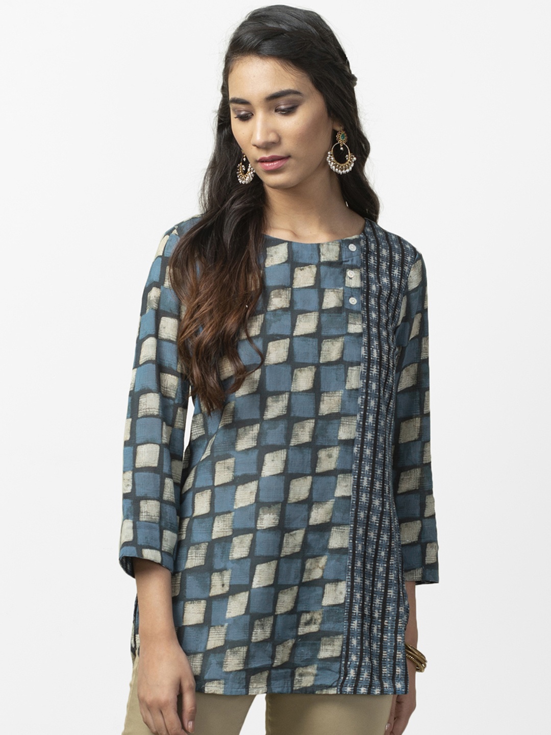 

Fabindia Women Blue & Off-White Checked Pure Cotton Kurti