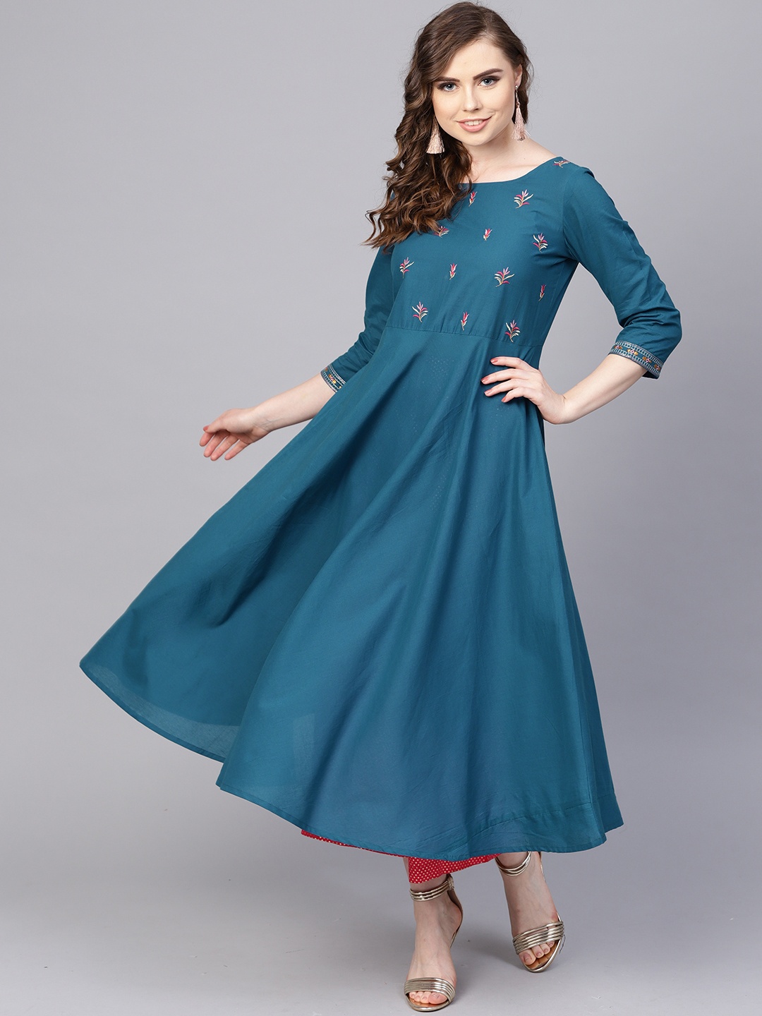 

AASI - HOUSE OF NAYO Women Teal Blue Yoke Design A-Line Kurta