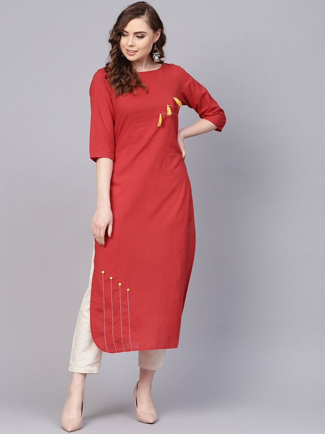 

AASI - HOUSE OF NAYO Women Red Solid Straight Kurta