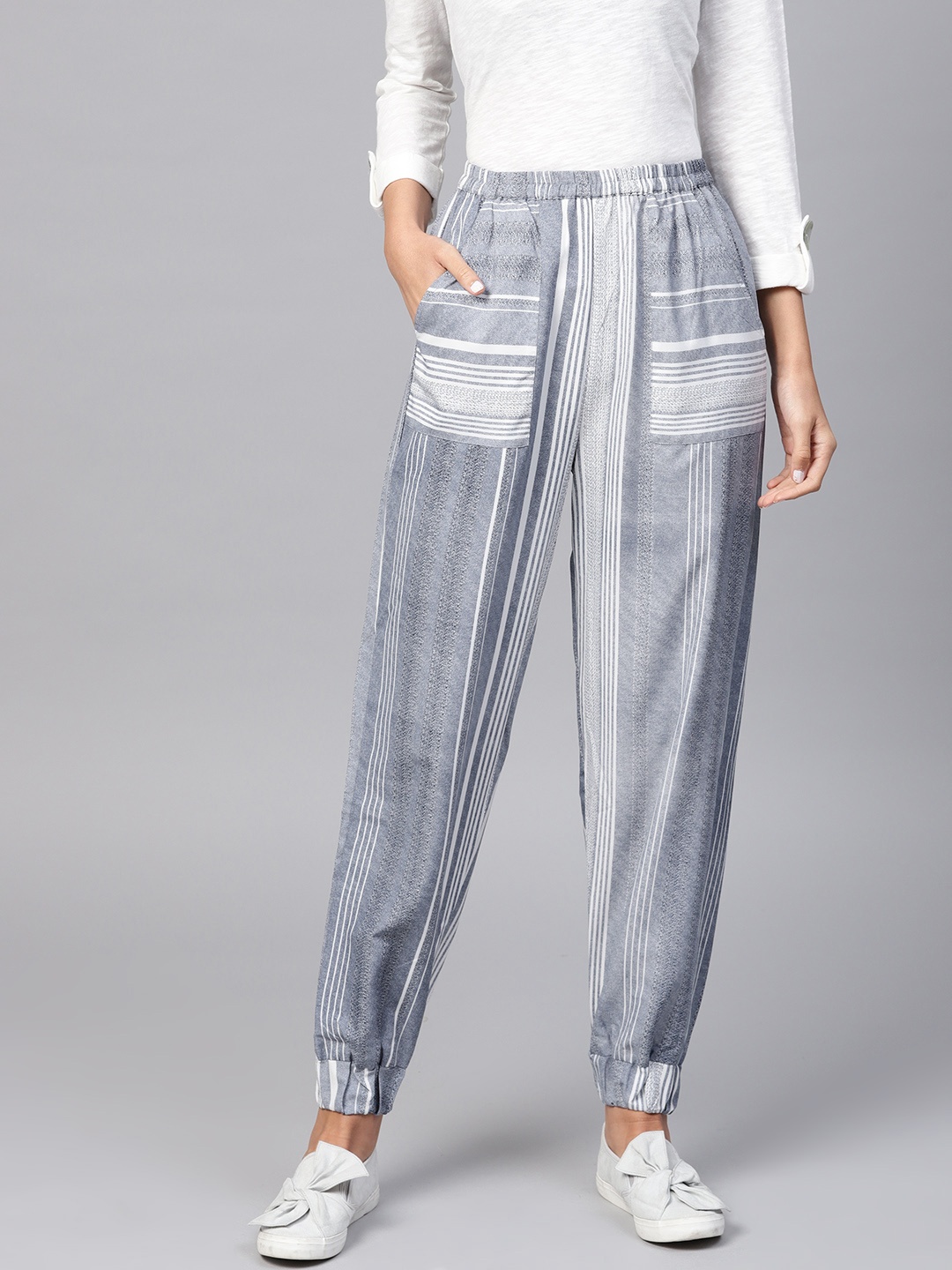 

AASI - HOUSE OF NAYO Women Grey & White Regular Fit Striped Joggers