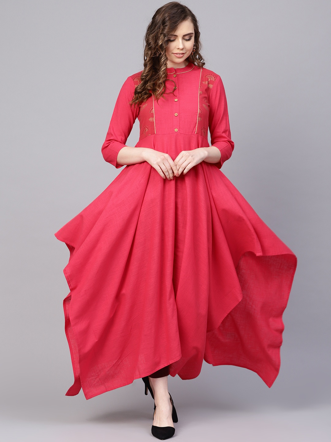 

AASI - HOUSE OF NAYO Women Pink Yoke Design Asymmetric A-Line Kurta
