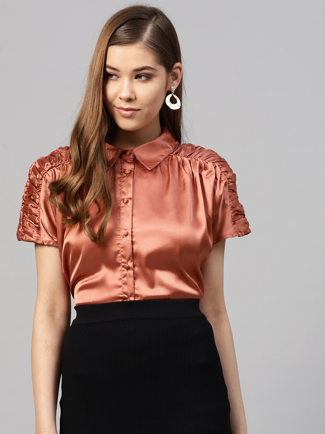 

Kazo Women Rust Orange Solid Partywear Shirt